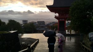 Kyoto at sunset as seen across the Kiyomizu Temple. 