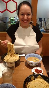 Jessica enjoying a bowl of Tsukemen ramen.